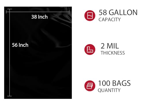 PLASTICPOWER-Large 58 Gallon Heavy Duty Trash Bags (100 Pack),2 Mil Thickness,black kitchen plastic bag-ultra thinckness GP-18100